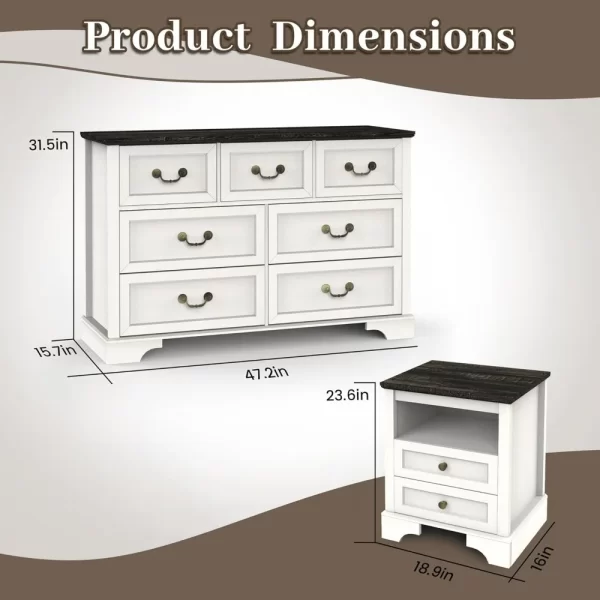 Farmhouse Bedroom Set Rustic Wood 6 Drawer Dresser and Nightstands Chest of Drawers Wide Storage 3 Pieces Bedroom Furniture Set - Image 2
