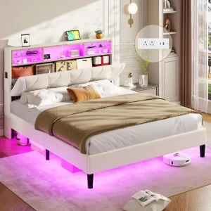 ADORNEVE Full Size Bed Frame with Led Lights and Storage Headboard, LED Bed Frame with Charging Station, Velvet Upholstered Plat