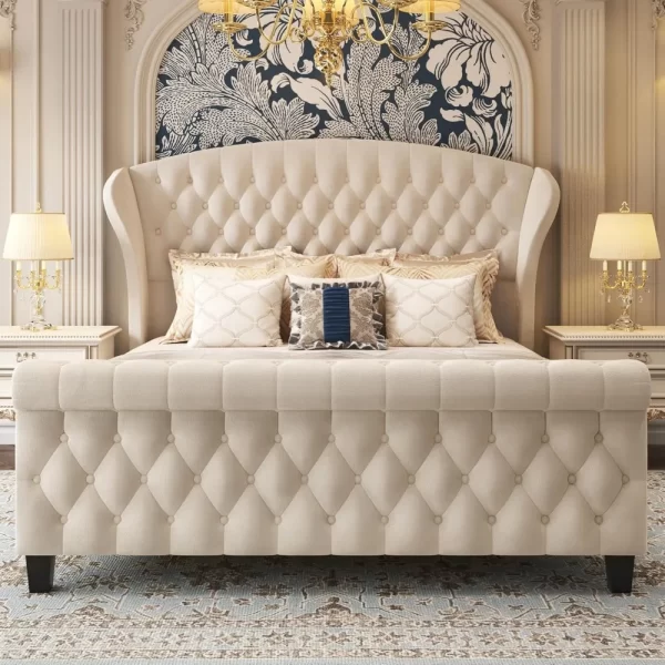 Queen Platform Bed Frame, 52.5" Tall Velvet Upholstered Sleigh Beds with Scroll Wingback Headboard & Footboard, Queen Bed Frame - Image 6