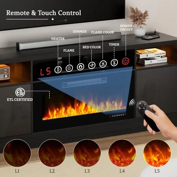 70'' TV Stand, 36'' Fireplace-LED Light Entertainment Center for 75 Inch TV Black TV Cabinet with Storage, Modern TVs Console - Image 5