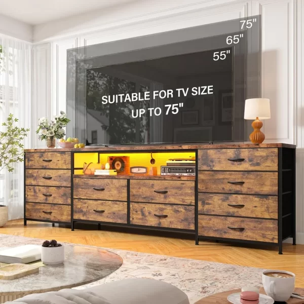 Fits 75" TV Stand Dresser with LED Lights & Power Outlets & 12 Drawers Dresser, Fabric Dresser Entertainment Center, TV Stand - Image 4