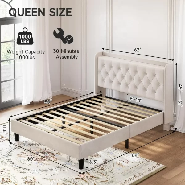 Bed Frame with Headboard, Adjustable Velvet Upholstered Bed Frame with Type-C&USB Ports, Wingback Storage Headboard - Image 2