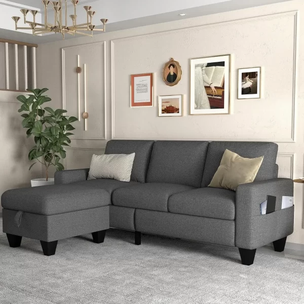 Modular sofa, Beige linen modern 3 seater L shaped upholstered furniture, Reversible footrest with storage and pockets - Image 6