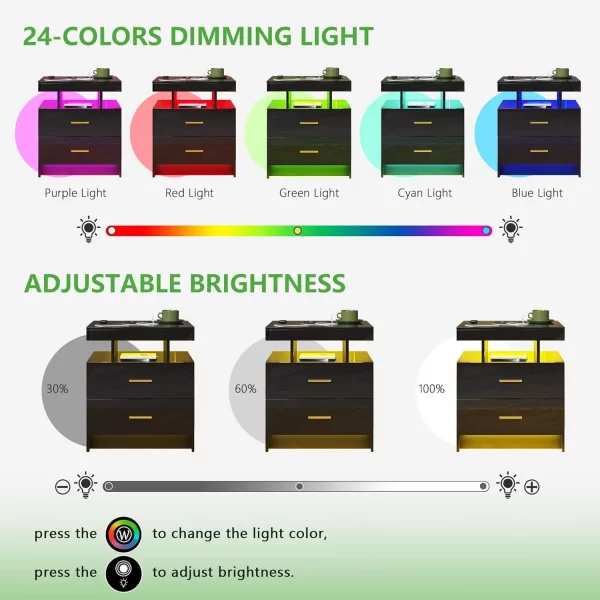 LED Nightstand, RGB Black Night Stand with USB/Wireless Charging Station, Modern Bedside Table has Auto Sensor RGB Lights - Image 6