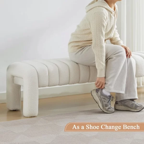 End of Bed Bench, Modern Sherpa Entryway Bench, Upholstered Ottoman Stool with Extra Length, Full Coverage Fabrics - Image 5