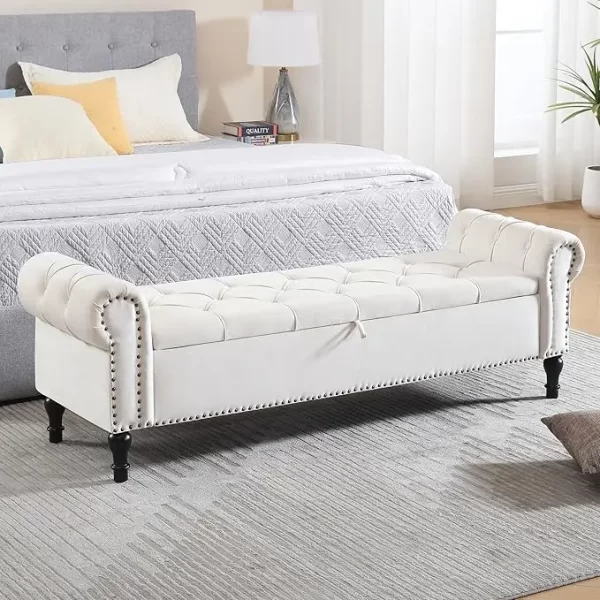 Leather Storage Bench 67 Inch Upholstered Tufted Ottoman Bench with Arms King Size End of Bed Bench for Bedroom Living Room Entr - Image 12