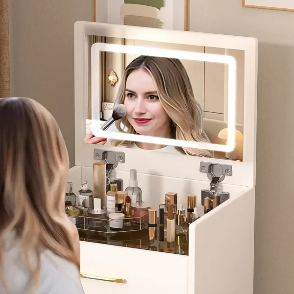 3 in 1 Vanity Desk with Plip Top Mirror and Lights,Compact Vanity Set with Visible Glass Desktop,Small Makeup Vanity Table - Image 3