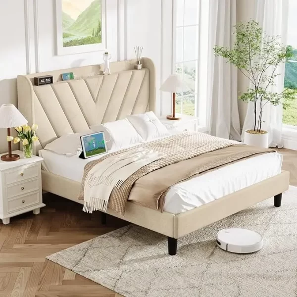 Bed Frame with Headboard, Adjustable Velvet Upholstered Bed Frame with Type-C&USB Ports, Wingback Storage Headboard - Image 9