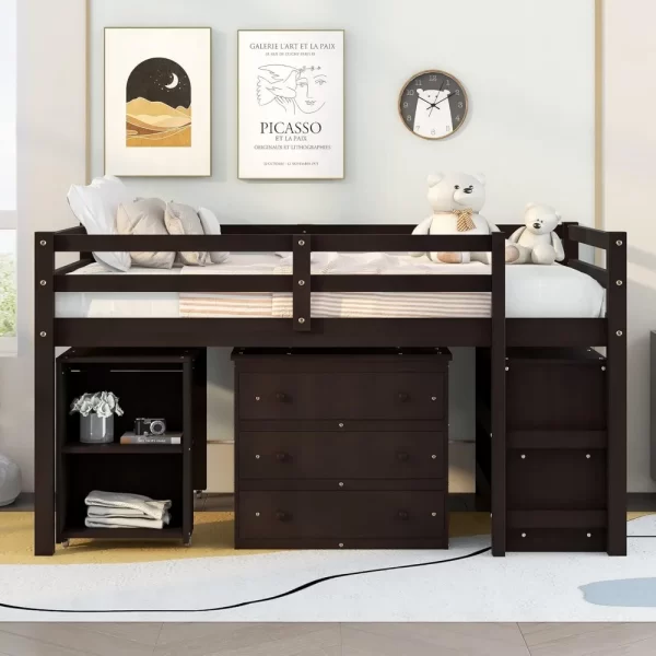 Loft Bed with Desk and Dresser, Wood Loft Beds Frame with Cabinet & Storage Shelves & Rolling Portable Desk for Boys, Girls - Image 2