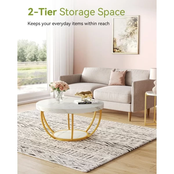 32" Circle Marble Coffee Tables, 2-Tier Golden Metal Legs Accent Center Table with Open Storage Modern Design Home Furniture - Image 3