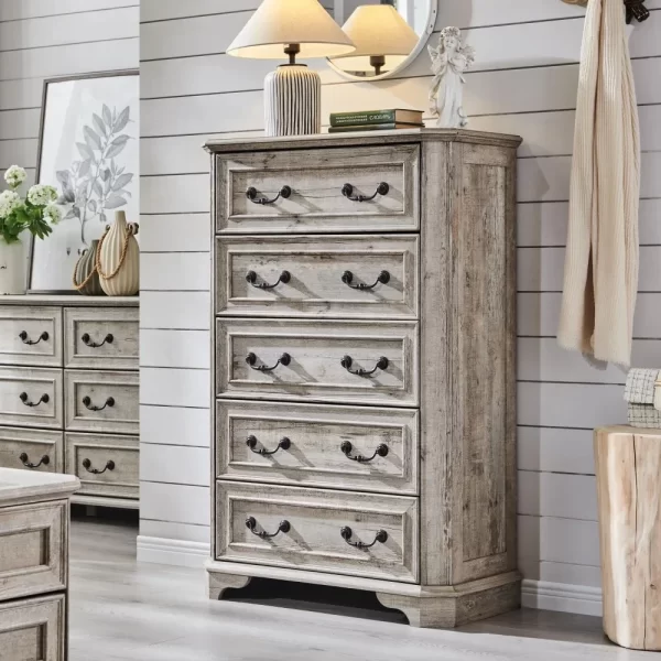 48" Tall Wood Rustic Chest of Drawers, Farmhouse 5 Drawers Dresser, Storage Dressers Organizer for Bedroom - Image 7