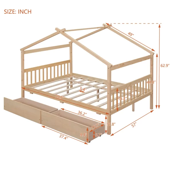 Full Size Wooden House Bed with Drawers, Natural - Image 5