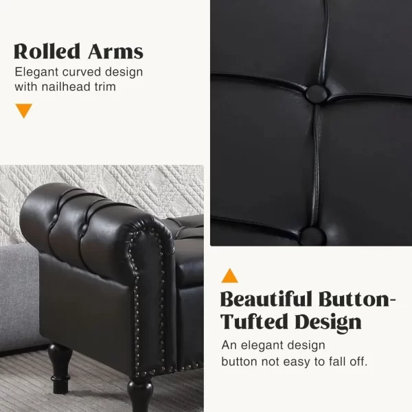 Leather Storage Bench 67 Inch Upholstered Tufted Ottoman Bench with Arms King Size End of Bed Bench for Bedroom Living Room Entr - Image 6