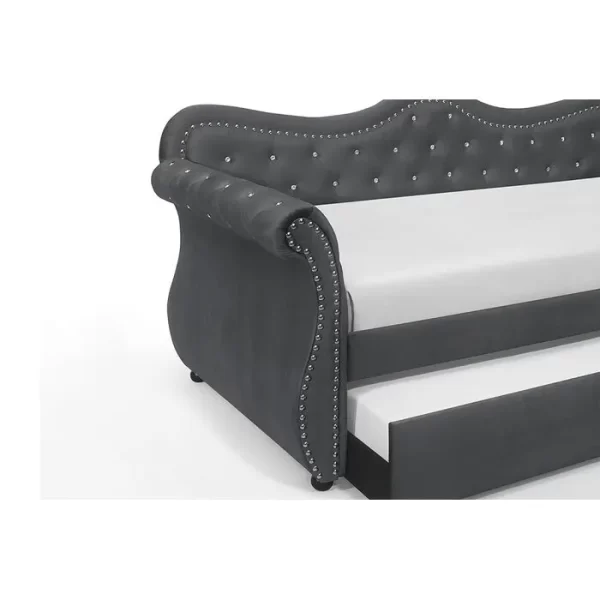 Gray Velvet Upholstered Wood Daybed with Trundle, Abby Collection - Image 3