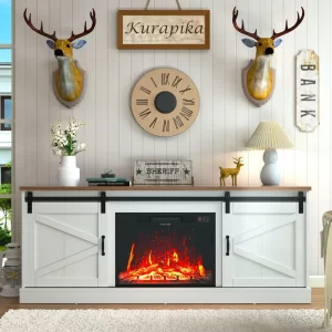 Fireplace TV Stand for Up To 75" TV, with 24" Fireplace, 67" Console Cabinets for Living Room W/Storage Shelves, Remote Control