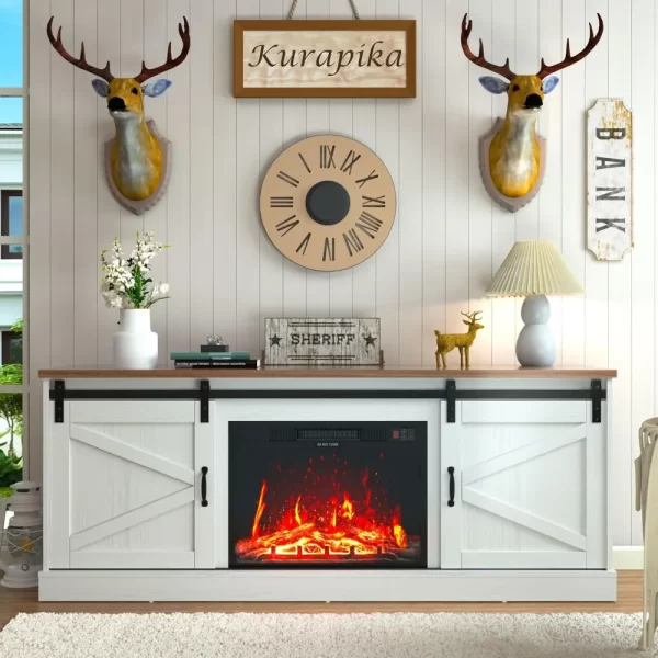 Fireplace TV Stand for Up To 75" TV, with 24" Fireplace, 67" Console Cabinets for Living Room W/Storage Shelves, Remote Control