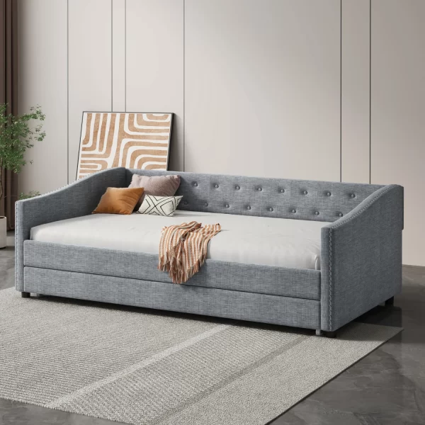 Twin Size Daybed with Twin Size Trundle Upholstered Tufted Sofa Bed, with Button on Back and Copper Nail on Waved Shape Arms-Lig - Image 2