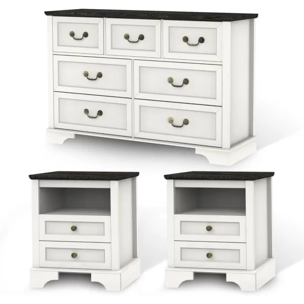 Farmhouse Bedroom Set Rustic Wood 6 Drawer Dresser and Nightstands Chest of Drawers Wide Storage 3 Pieces Bedroom Furniture Set