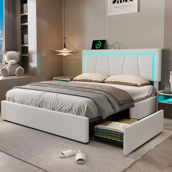 California King Bed Frame with 4 Storage Drawers, Charging Station, Artificial Leather Upholstered Headboard, LED Bed Frame - Image 8