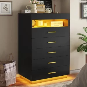 Black Dresser with LED Lights, Floating Tall Dresser with 5 Large Drawers & Open Storage Space & Pull Out Tray, 5 Drawer Dresser