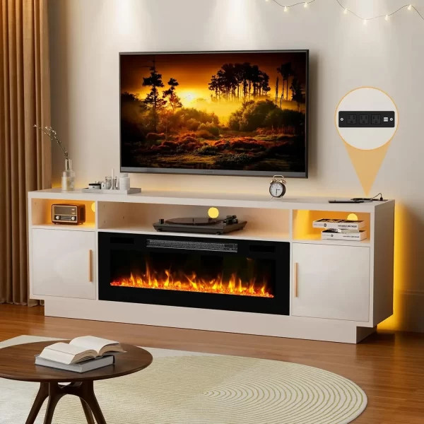 70'' TV Stand, 36'' Fireplace-LED Light Entertainment Center for 75 Inch TV Black TV Cabinet with Storage, Modern TVs Console - Image 8