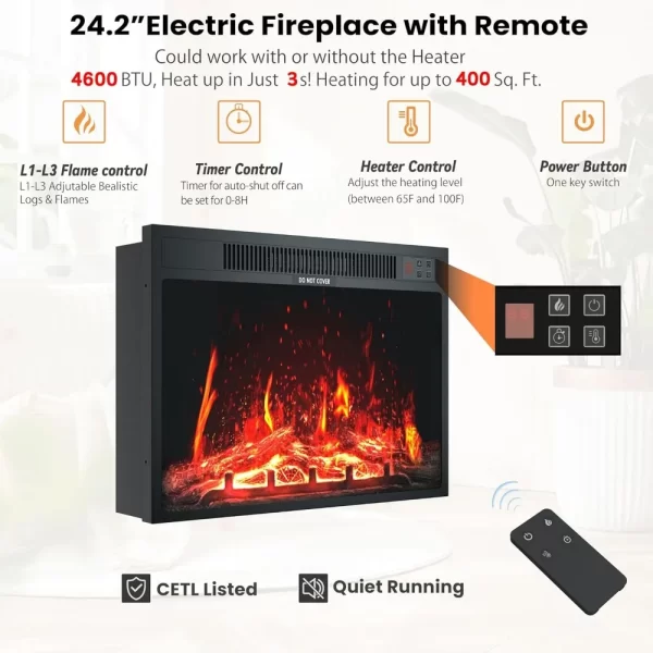 Fireplace TV Stand for Up To 75" TV, with 24" Fireplace, 67" Console Cabinets for Living Room W/Storage Shelves, Remote Control - Image 6