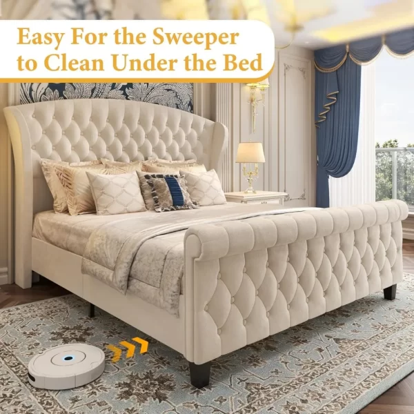 Queen Platform Bed Frame, 52.5" Tall Velvet Upholstered Sleigh Beds with Scroll Wingback Headboard & Footboard, Queen Bed Frame - Image 5