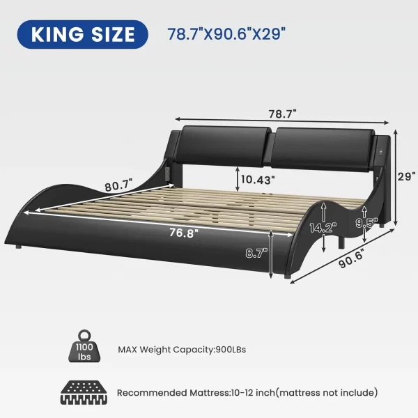King Size Bed Frame with Headboard and Charging Ports Modern Low Profile King Platform Bed Frame with LED Lights Wave Like - Image 2
