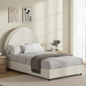 Twin Size Bed Frame, Upholstered Boucle Bed Frame With Headboard, Modern Twin Beds, Soft Arch Shaped Round Headboard, No Box