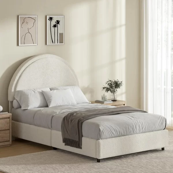 Twin Size Bed Frame, Upholstered Boucle Bed Frame With Headboard, Modern Twin Beds, Soft Arch Shaped Round Headboard, No Box
