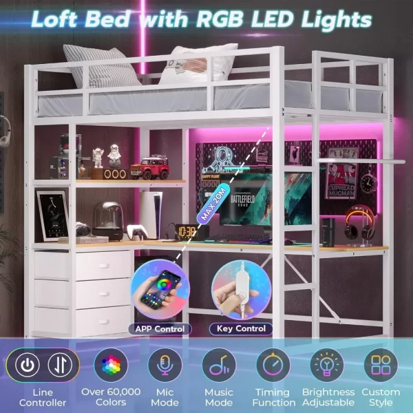 Twin Loft Bed with L-Shaped Desk, LED Lights,Charging Station LED Loft Bed Frame with 3 Storage Shelves and 3 Fabric Drawers - Image 2