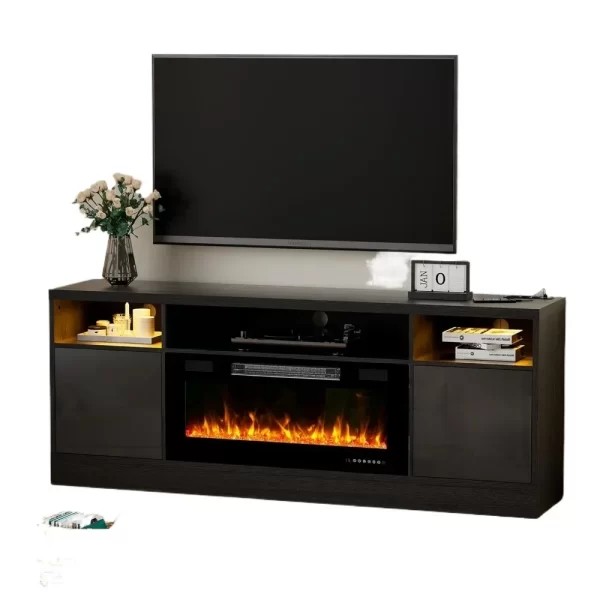 70'' TV Stand, 36'' Fireplace-LED Light Entertainment Center for 75 Inch TV Black TV Cabinet with Storage, Modern TVs Console - Image 6