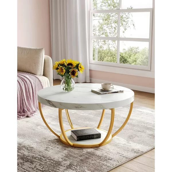 32" Circle Marble Coffee Tables, 2-Tier Golden Metal Legs Accent Center Table with Open Storage Modern Design Home Furniture - Image 2