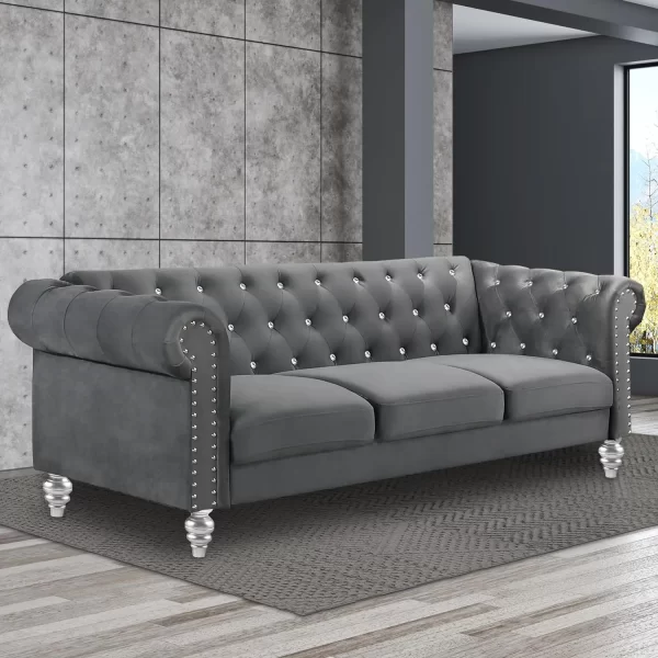 living room sofas Glam Emma Velvet Three Seater Chesterfield Style Sofa for Small Spaces with Crystal Button Tufts sofas - Image 7