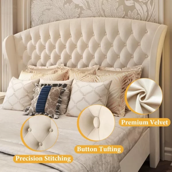 Queen Platform Bed Frame, 52.5" Tall Velvet Upholstered Sleigh Beds with Scroll Wingback Headboard & Footboard, Queen Bed Frame - Image 4