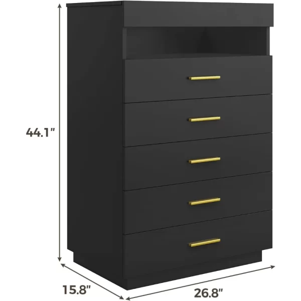 Black Dresser with LED Lights, Floating Tall Dresser with 5 Large Drawers & Open Storage Space & Pull Out Tray, 5 Drawer Dresser - Image 2