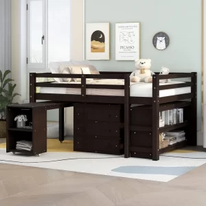 Loft Bed with Desk and Dresser, Wood Loft Beds Frame with Cabinet & Storage Shelves & Rolling Portable Desk for Boys, Girls