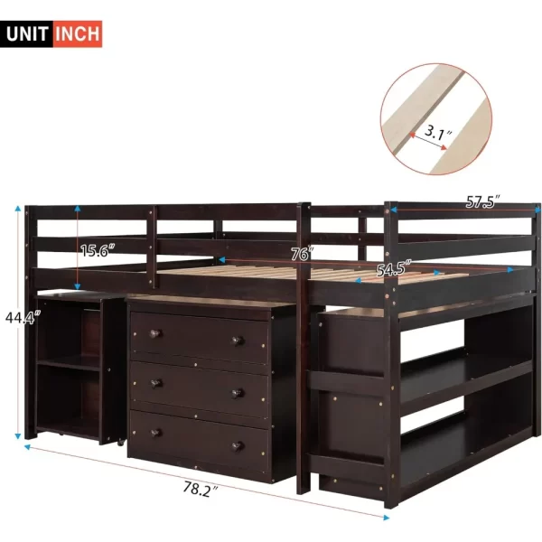 Loft Bed with Desk and Dresser, Wood Loft Beds Frame with Cabinet & Storage Shelves & Rolling Portable Desk for Boys, Girls - Image 6