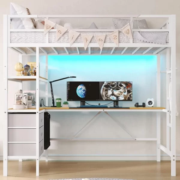 Twin Loft Bed with L-Shaped Desk, LED Lights,Charging Station LED Loft Bed Frame with 3 Storage Shelves and 3 Fabric Drawers - Image 6