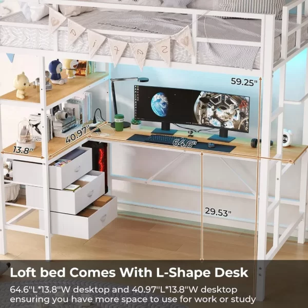Twin Loft Bed with L-Shaped Desk, LED Lights,Charging Station LED Loft Bed Frame with 3 Storage Shelves and 3 Fabric Drawers - Image 4