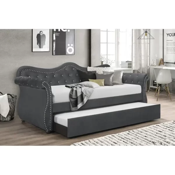 Gray Velvet Upholstered Wood Daybed with Trundle, Abby Collection - Image 2