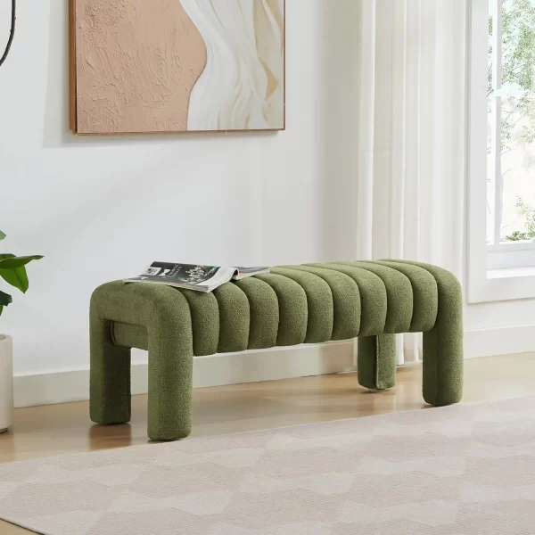 End of Bed Bench, Modern Sherpa Entryway Bench, Upholstered Ottoman Stool with Extra Length, Full Coverage Fabrics - Image 11