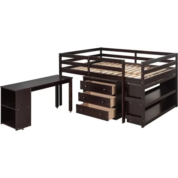 Loft Bed with Desk and Dresser, Wood Loft Beds Frame with Cabinet & Storage Shelves & Rolling Portable Desk for Boys, Girls - Image 4