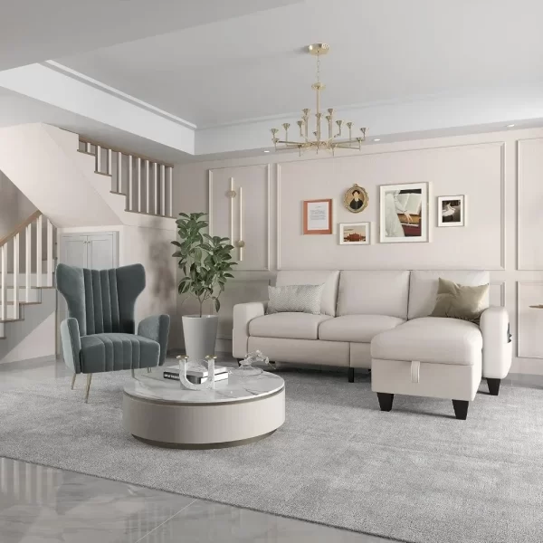 Modular sofa, Beige linen modern 3 seater L shaped upholstered furniture, Reversible footrest with storage and pockets - Image 3