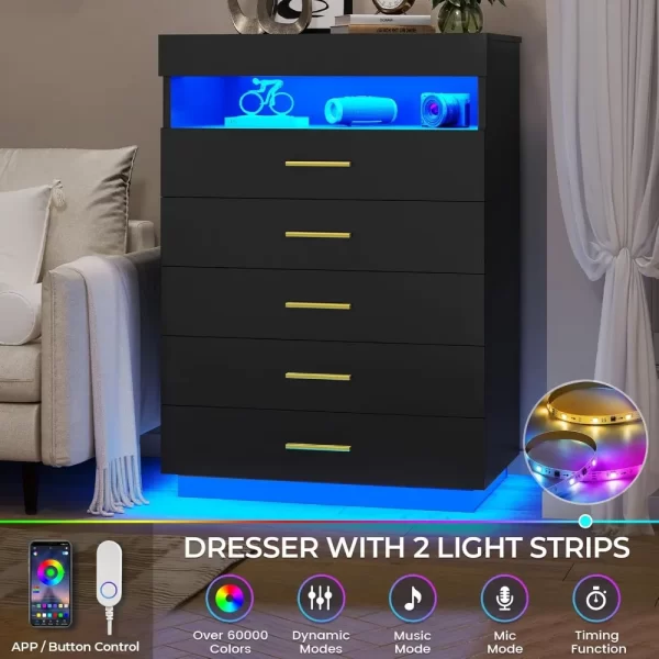 Black Dresser with LED Lights, Floating Tall Dresser with 5 Large Drawers & Open Storage Space & Pull Out Tray, 5 Drawer Dresser - Image 3