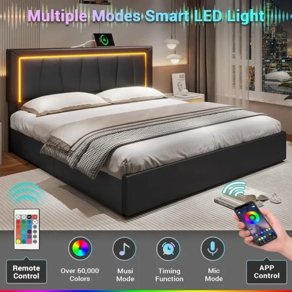 California King Bed Frame with 4 Storage Drawers, Charging Station, Artificial Leather Upholstered Headboard, LED Bed Frame - Image 3