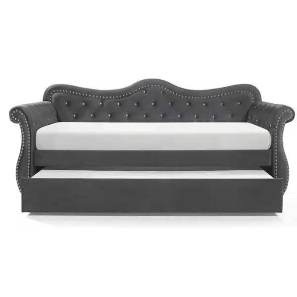 Gray Velvet Upholstered Wood Daybed with Trundle, Abby Collection - Image 5