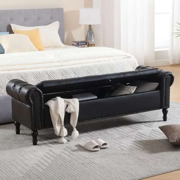Leather Storage Bench 67 Inch Upholstered Tufted Ottoman Bench with Arms King Size End of Bed Bench for Bedroom Living Room Entr - Image 3
