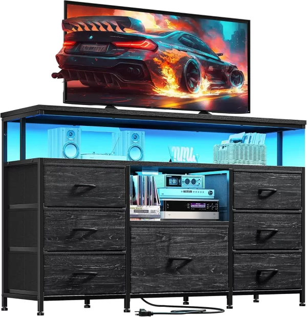 Dresser TV stand with LED lights & power outlets,55"TV stand dresser entertainment center with 7 fabric drawers and wood shelves - Image 7