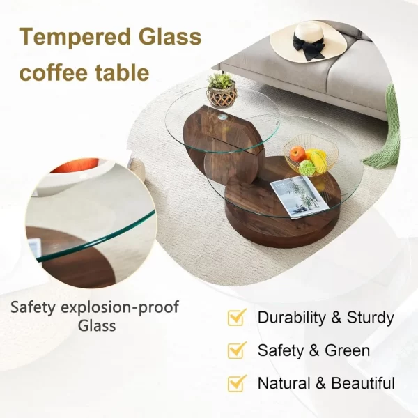 Glass Coffee Table, Modern Round Tempered Glass Coffee Tables for Living Room, 3-Tier Circle Walnut Coffee Table with Storage - Image 4